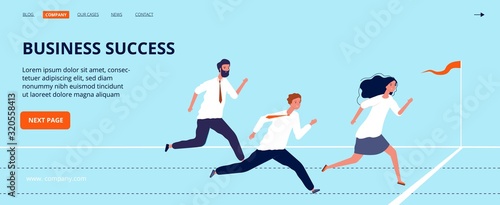 Business success landing page. Office workers run to finish line. Group of top managers, leadership vector web banner. Business crossing finish line, people leader illustration