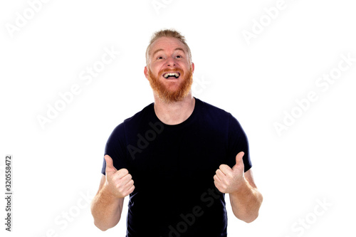 Red haired man with long beard saying Ok