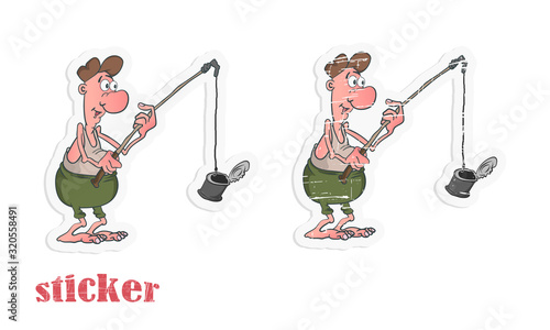 Cartoon fisherman caught a tin can on a fishing rod. Vector illustration in the form of a sticker in modern and retro styles.