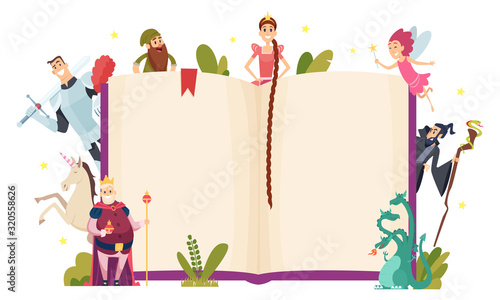 Fairy tale frame. Decorative background with fantasy characters book in cartoon style vector template. Fairy fantasy book for story, characters collection illustration