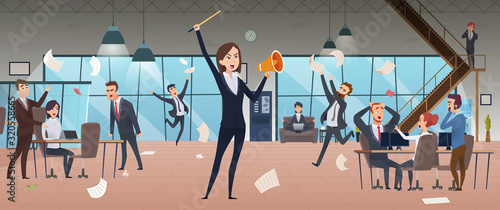 Angry female boss. Deadline corporate processes managers problem running in stress workplace office vector background. Boss in office, worker and businesswoman, workplace illustration