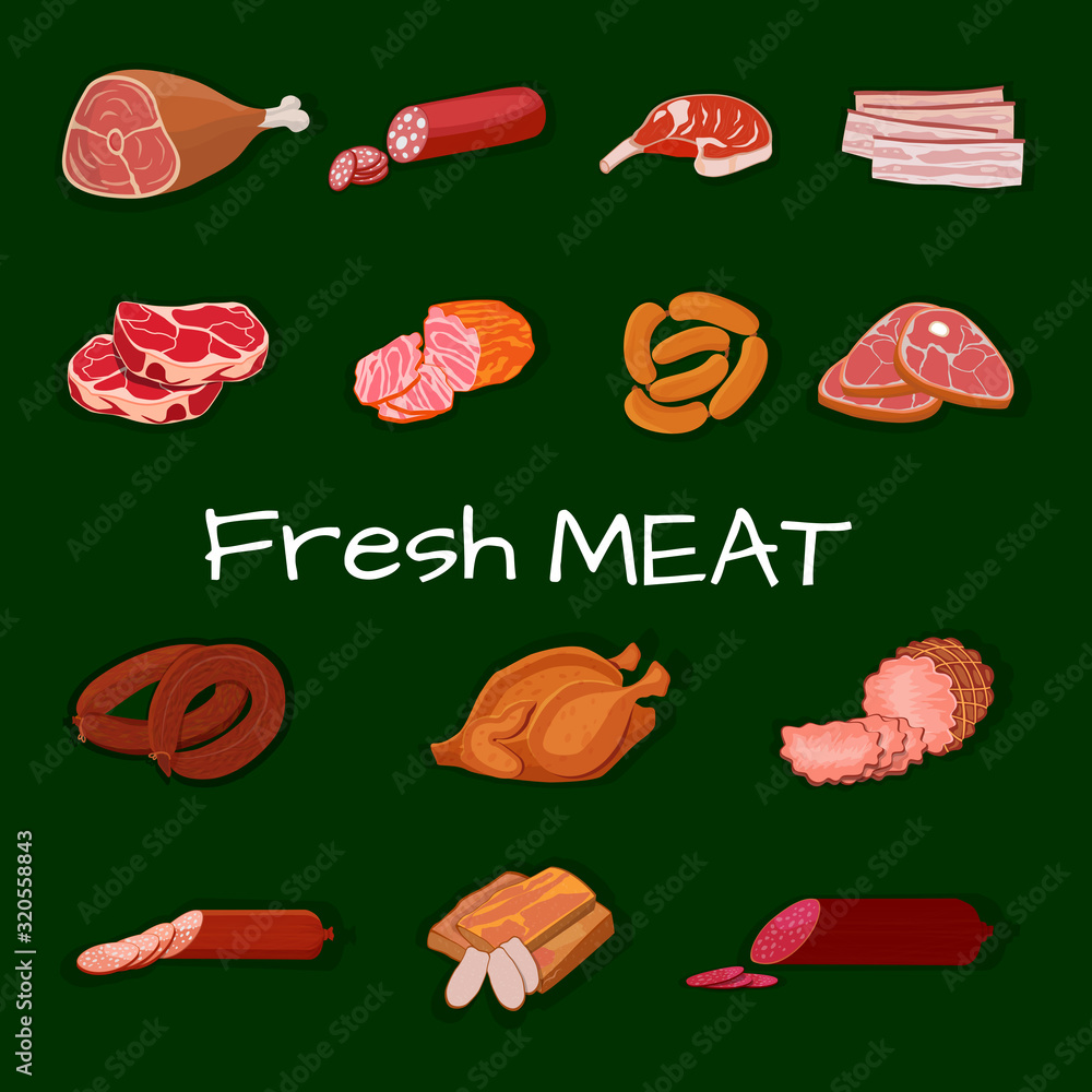 Set of meat products. Roast chicken and prime rib, sausage, salami and ham, sirlon, bacon, sucuk and smoked meat, turkey and t-bone steak Set of meat products. Roast chicken and prime rib, sausage, salami and ham, sirlon, bacon, sucuk and smoked meat, turkey and t-bone steak