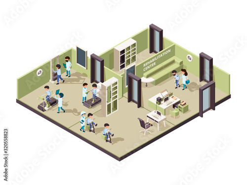 Rehabilitation clinic. Nurse helping patient professional person treatment physical exercise for disabled vector isometric interior. Medical hospital, doctor patient, physiotherapy illustration