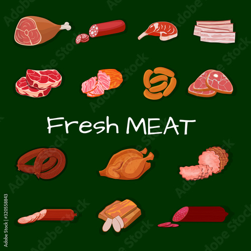 Set of meat products. Roast chicken and prime rib, sausage, salami and ham, sirlon, bacon, sucuk and smoked meat, turkey and t-bone steak