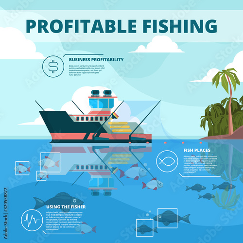Fishing boats background. Ocean water fisher ship vector infographic picture. Fishing boat, marine nautical vessel industrial illustration