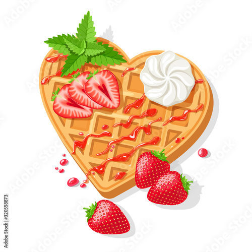 waffles in the shape of a heart with strawberries, mint and cream. valentine's day greeting card