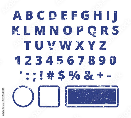 Rubber stamp font. Red letters and numbers template typography for stamp. Script texture, print typeset, type effect damaged illustration