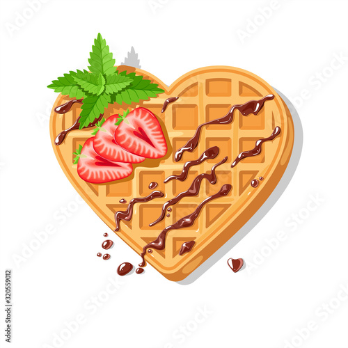 waffles in the shape of a heart with strawberries, mint and cream. valentine's day greeting card