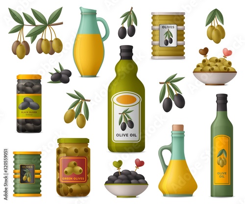 Set of olive products. Whole fruits and without stones in tins, oil in bottles and glass jugs, branches. Breen and black olives