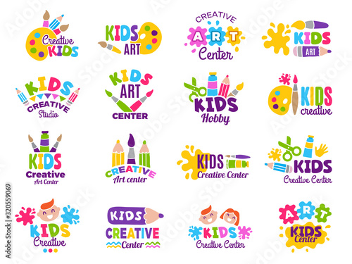 Creative kids logo. Craft and painting creativity class for children identity vector emblems collection. Children logo center, class label collection illustration