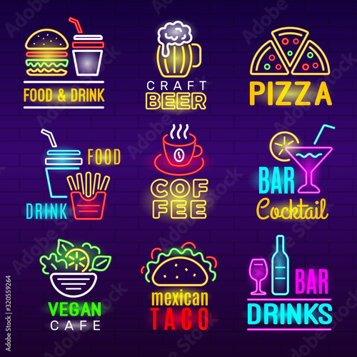 Food neon icon. Beer drinks light advertising emblem pizza craft products vector set. Mexican taco, cocktail bar and vegan cafe illustration