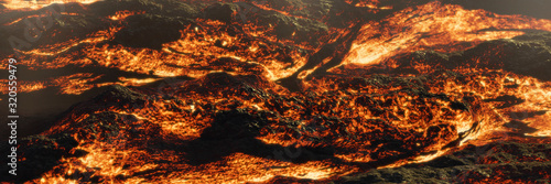 lava flowing down a landscape, glowing magma field, molten rock close up