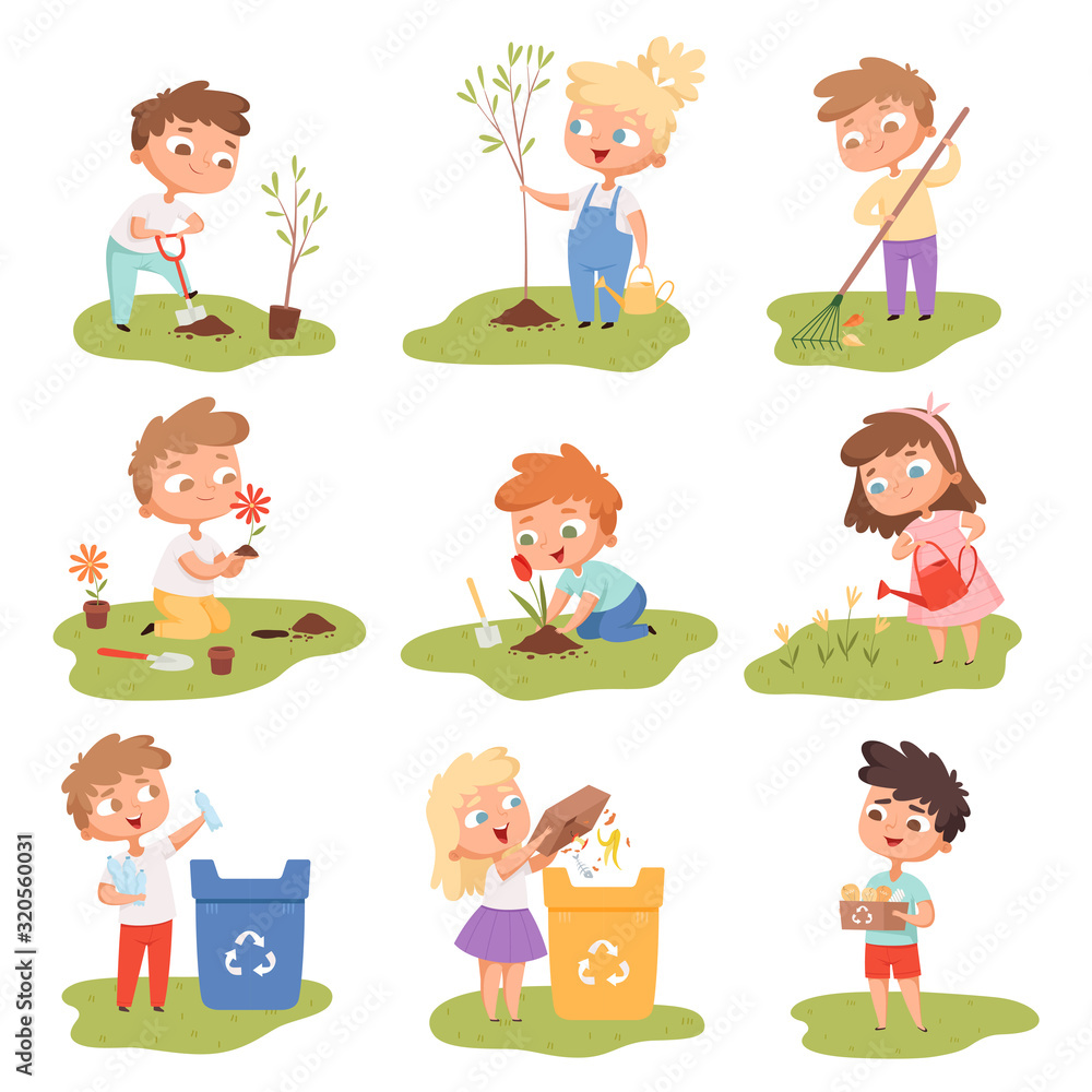 Kids planting. Happy children gardening digging picking plants eco weather protect tree vector set. Gardening illustration of kids with shovel watering and planting Kids planting. Happy children gardening digging picking plants eco weather protect tree vector set. Gardening illustration of kids with shovel watering and planting