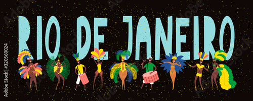 Hand drawn vector illustration with dancing people in bright costumes, drummers, feathers, confetti, text Rio de Janeiro. Flat style design. Concept for Brazilian carnival poster, flyer, banner.