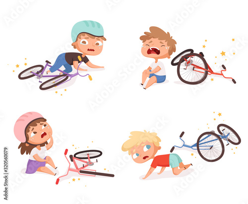 Bike accident. Kids fallen damaged bicycle broken transport children accidents helping person vector characters. Set of accident by bike, illustration child crying after fall