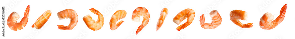 Set of delicious freshly cooked shrimps on white background. Banner design Set of delicious freshly cooked shrimps on white background. Banner design