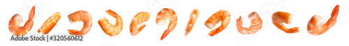 Set of delicious freshly cooked shrimps on white background. Banner design