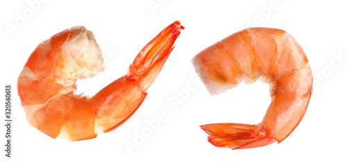 Delicious freshly cooked shrimps on white background