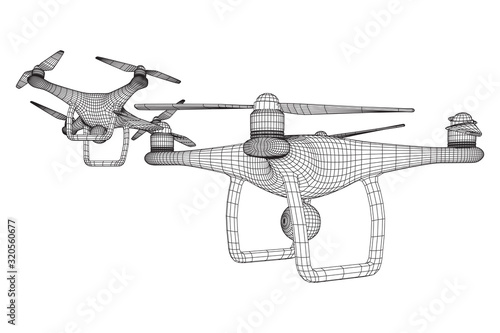 Remote control air drone. Dron flying with action video camera. Wireframe low poly mesh vector illustration