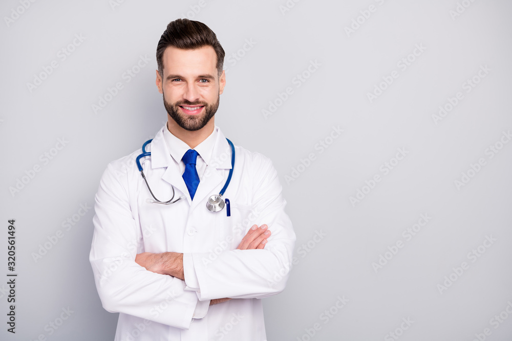 Close-up portrait of his he nice attractive content experienced cheerful cheery bearded guy ceo boss chief director med expert visit folded arms isolated over light white gray pastel color background Close-up portrait of his he nice attractive content experienced cheerful cheery bearded guy ceo boss chief director med expert visit folded arms isolated over light white gray pastel color background