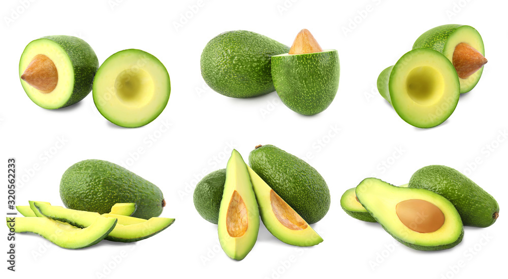 Set of delicious fresh avocados on white background