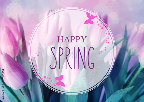 Greeting card design with beautiful tulips. Hello spring