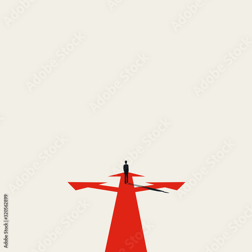 Business or career decision vector concept with businessman standing on crossroads. Symbol of motivation, ambition.