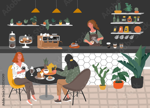 Coffee shop or cafe interior design and scene. Character of Girl barista make cappuccino art and happy cafe customer. Scandinavian style interior with houseplants and handwritten quote. Cartoon