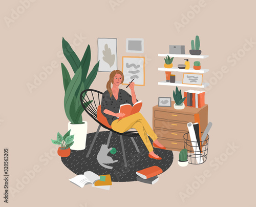 Cute woman sitting on chair with laptop in cozy scandinavian home interior. Girl working at home in home office. Daily life of freelance worker, everyday routine. Cartoon vector