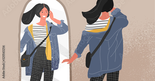 Cute young woman in casual trendy clothes looking at mirror in scandinavian interior. Concept of Feminine Self confidence, love and acceptance yourself. Attractive girl character reflection