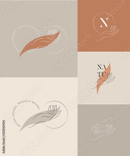 Logo design template in trendy linear minimal style. Vector abstract hands. Abstract symbol for organic products, beauty cosmetics, jewellery