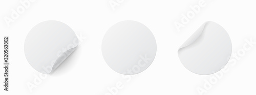 Realistic template of white round paper. Adhesive sticker with curved edge isolated on white background. Vector illustration
