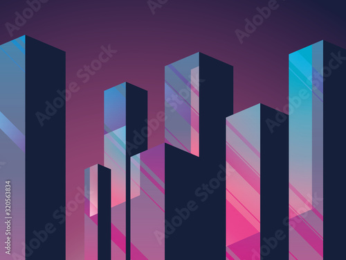Urban skyline or cityscape in the night with neon color lights vector cartoon. Downtown corporate background.