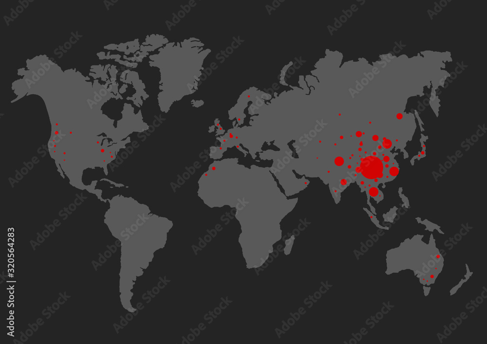 Coronavirus at Wuhan China. The red map of china on world map with dots Coronavirus at Wuhan China. The red map of china on world map with dots