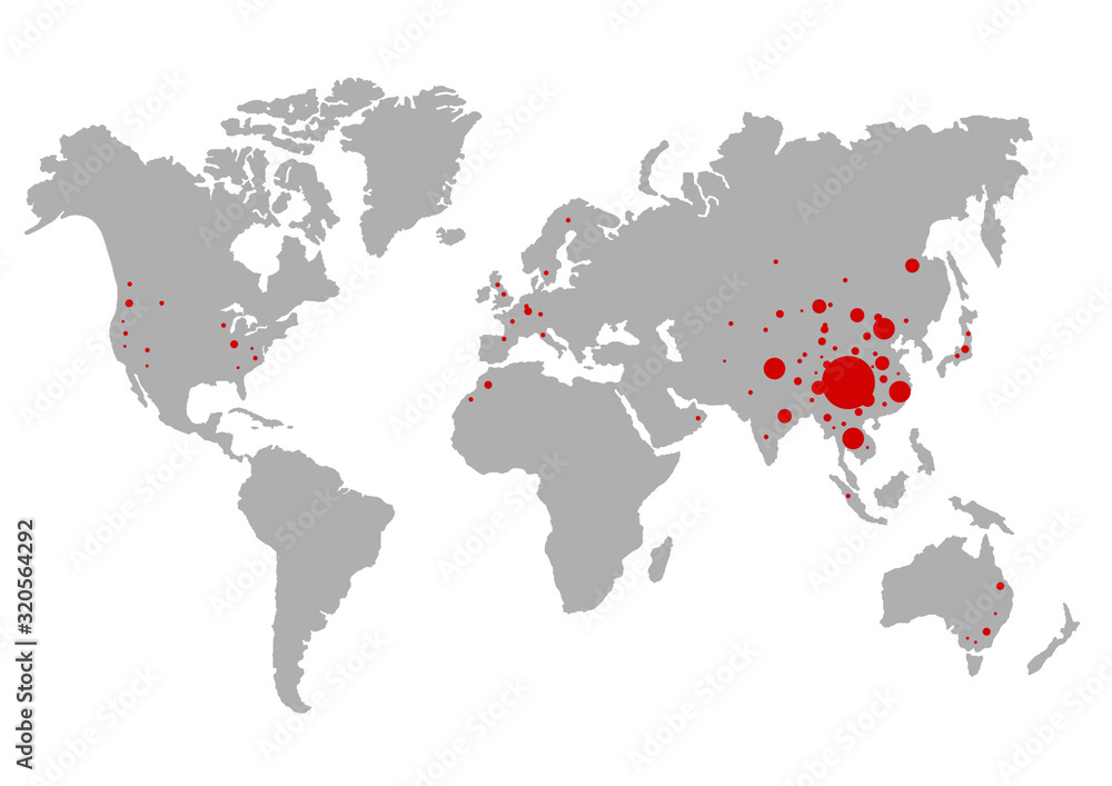 Coronavirus at Wuhan China. The red map of china on world map with dots Coronavirus at Wuhan China. The red map of china on world map with dots