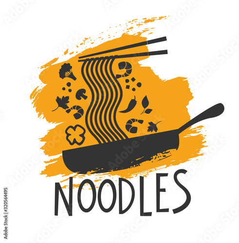 Chinese noodles with shrimp and vegitables. Asian food logo