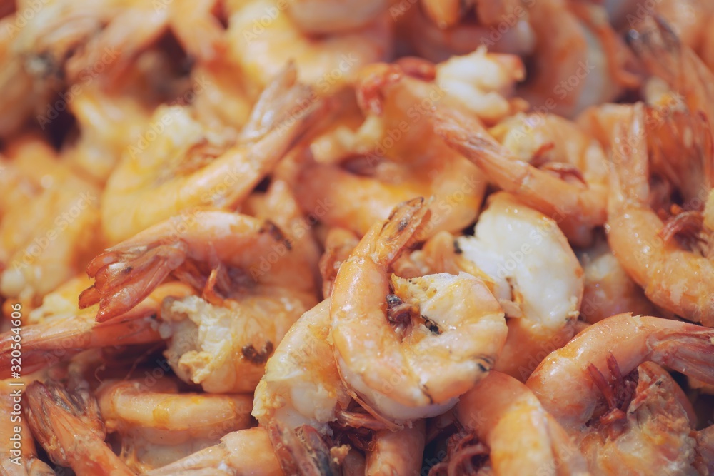 Close up of Garlic fried shrimp, thai street food market Close up of Garlic fried shrimp, thai street food market