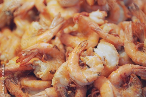 Close up of Garlic fried shrimp, thai street food market