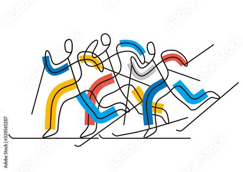    Cross-country skiing competition, line art stylized.  Illustration of three nordic skiing competitors. Isolated on white background. Vector available.