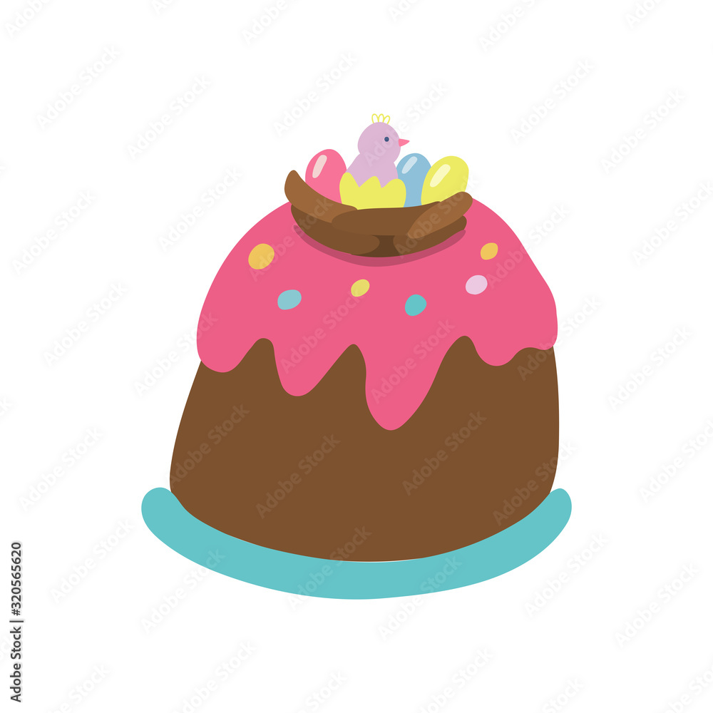 Easter cake decorated with a chocolate nest, a hatched chick, pink glaze and jelly beans. Hand drawn vector illustration isolated on white background. Great for Easter products design, cards, treats. Easter cake decorated with a chocolate nest, a hatched chick, pink glaze and jelly beans. Hand drawn vector illustration isolated on white background. Great for Easter products design, cards, treats.