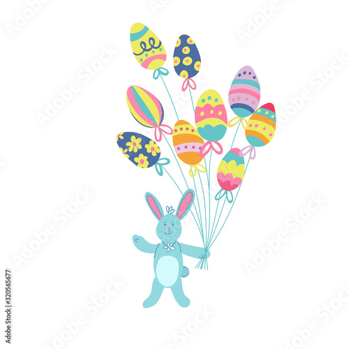 A cute blue Easter bunny with colorful eggs balloons decorated with different ornaments. Hand drawn vector illustration isolated on white background. Great for Easter products design, greeting cards.