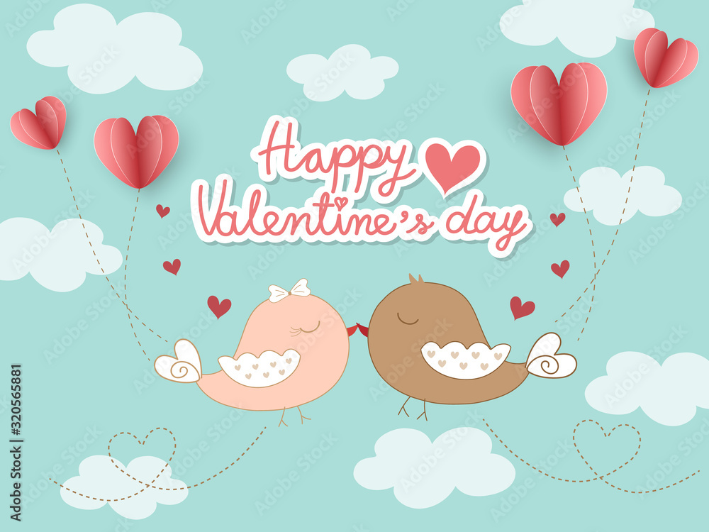 Cute couple lovebirds kiss in the blue sky look so sweet and romantic. Beautiful background for Valentines concept with bird, paper cut pink heart shape balloon and cloud. Vector wallpaper design.