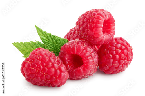 Ripe raspberries with leaf isolated on a white background