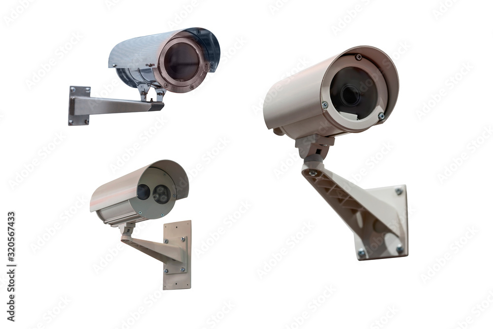 three modern video cameras to track the situation at the object on a white background