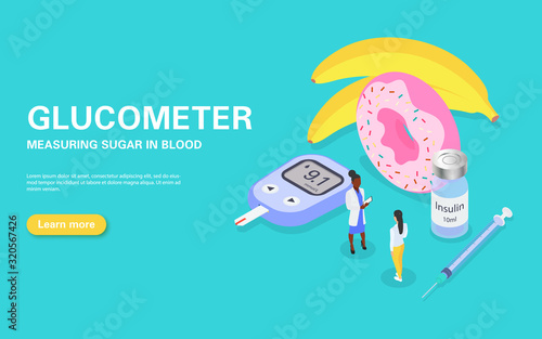 Concept banner for measuring blood sugar with a glucometer. Diabetes treatment and diet. The doctor advises the patient.