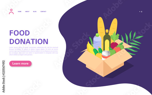 Donation and food distribution concept. Box with food. Volunteer movement. Helping the needy.