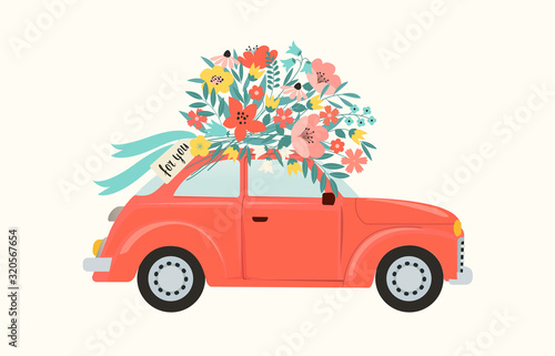 Red retro toy car delivering bouquet of flowers box on pink background. February 14 card, Valentines day. Flower delivery. 8 March, International Happy Womens Day. Vector illustration.