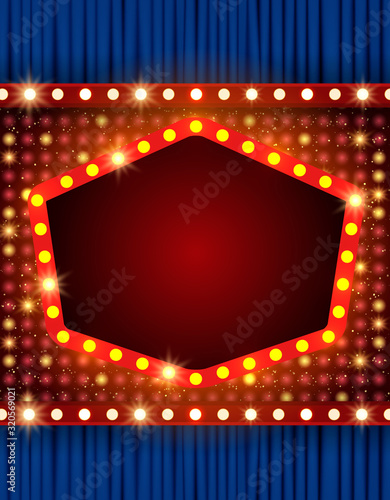 Red shine mosaic background with blue curtain and banner. Design for presentation, concert, show