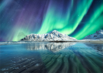 Aurora Borealis, Northern Lights Above on snowy mountain in Skagsanden Beach at Lofoten Islands