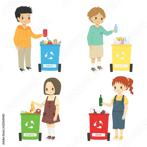 Kids collecting trash for recycling, illustration. Sorting trash for recycling vector set	